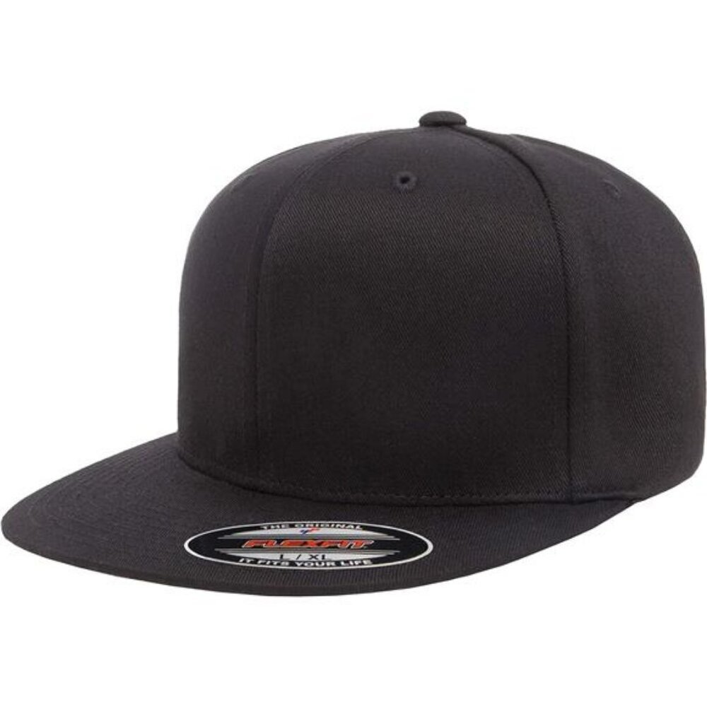 Mens Fitted Baseball Cap Flexfit High Profile Structured Hat Flat Brim Black